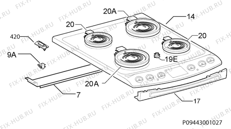 Взрыв-схема плиты (духовки) Zanussi ZCV553MWC - Схема узла Hob